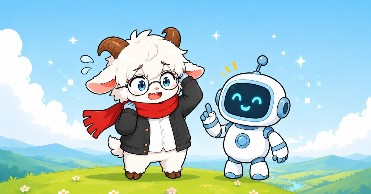 困り顔のちびヤギと笑顔のAIロボットが並ぶイラスト。がけっぷち東大卒ライター