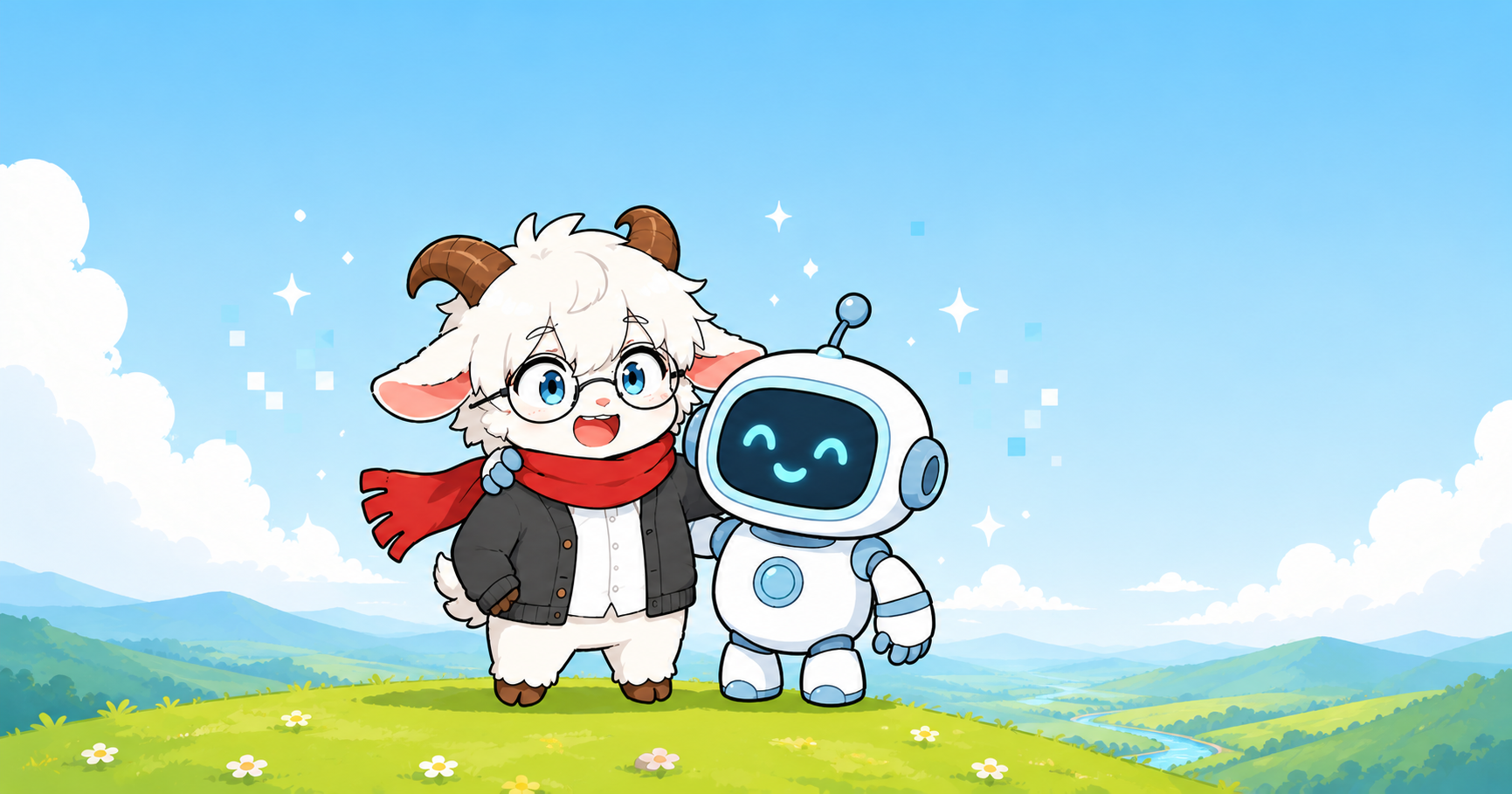 ちびヤギとAIロボットが肩を組んで仲良く並ぶイラスト。がけっぷち東大卒ライター