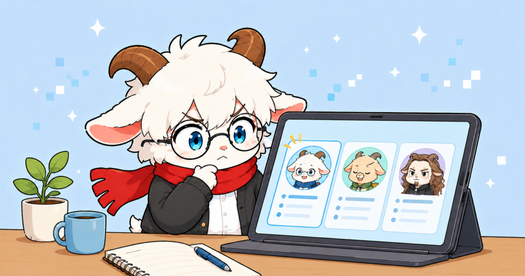 ちびヤギがタブレットで講師プロフィールを見比べているイラスト。がけっぷち東大卒ライター
